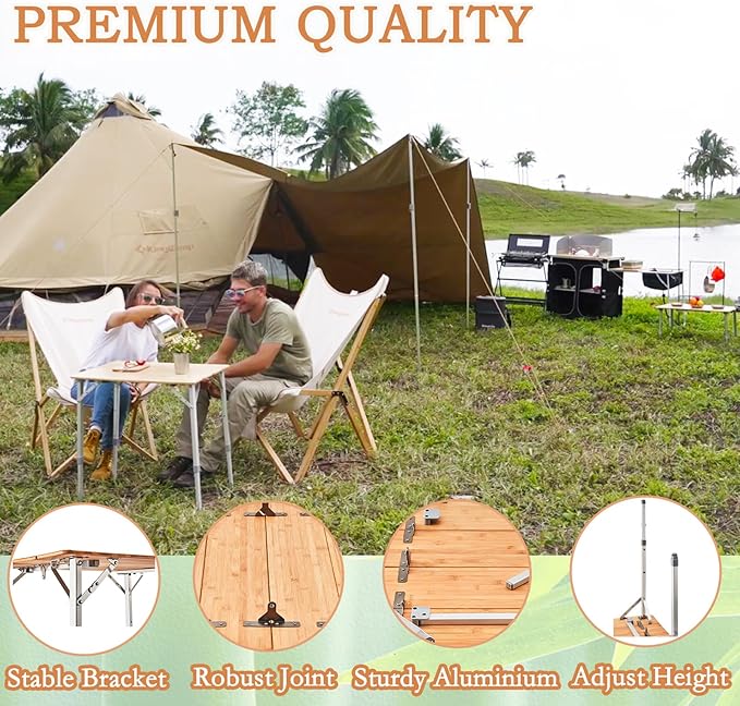 KingCamp Bamboo Folding Table Environmental Camping Table with Adjustable Height Aluminum Legs Heavy Duty 4-Folds Portable Camp Tables for Travel Picnic Party Beach 1-2 People