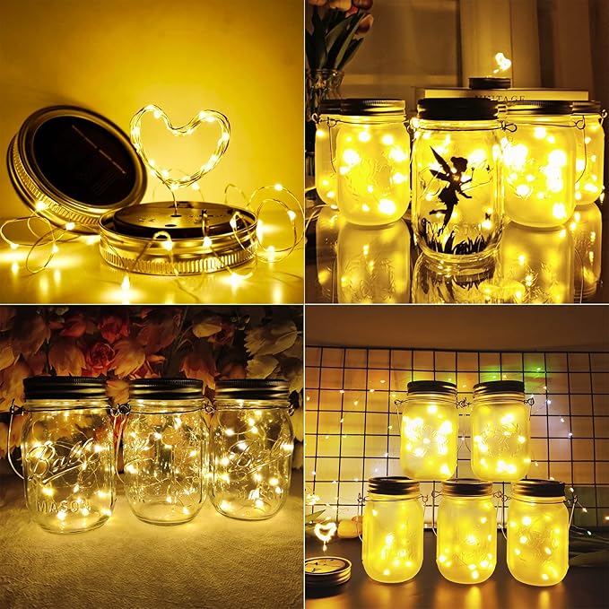 SmilingTown Solar Light for Mason Jars 20 LED Outdoor Fairy String Light Lids with Hangers for Jar Lantern Waterproof Rust Resist for Patio Lawn Garden Decor No Jars 10 Pack (Warm White)