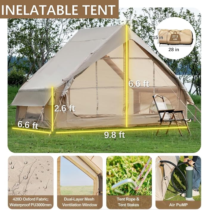 Inflatable Camping Tents with Hand Pump 4-6 Person Tent 4-Season Waterproof &amp Windproof Luxury Camping Tent 12 Mesh Windows 410D Oxford Fabric Portable for Outdoor Family Garden