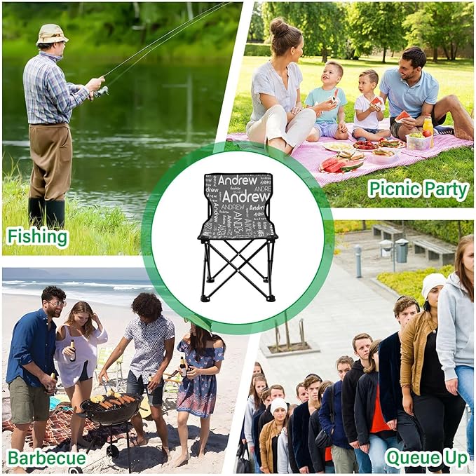 Sinestour Dark Gray Custom Folding Camping Chair for Teen Child Personalized Name 14.6×14.6in Portable Outdoor Chair with Carry Bag for Beach Picnic Travel
