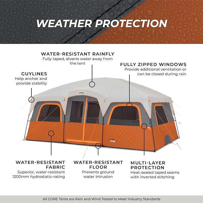 CORE Tent for Family Camping | 10 Person / 11 Person / 12 Person Large Multi Room Cabin Tents for Car Camping &amp Outdoor Adventures