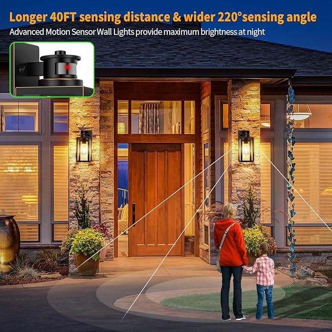 2-Pack Motion Sensor Outdoor Wall Lights Waterproof Dusk to Dawn Exterior Wall Light Fixtures Oil Rubbed Bronze Outside Porch Lights for House Garage Motion Sensor Wall Lanterns with Clear Glass