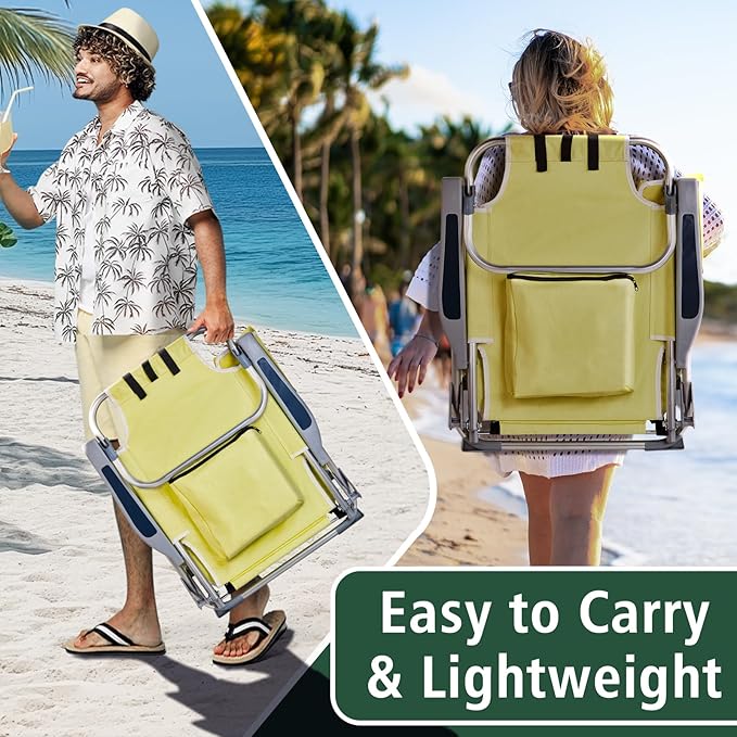Portable Lightweight Folding Chair for AdultsOutdoor Low Beach Lawn ChairsPortable Backpack Foldable Camping ChairFolding Beach Chairwith Cup Holderfor Patio Pool Yard Garden (Yellow)
