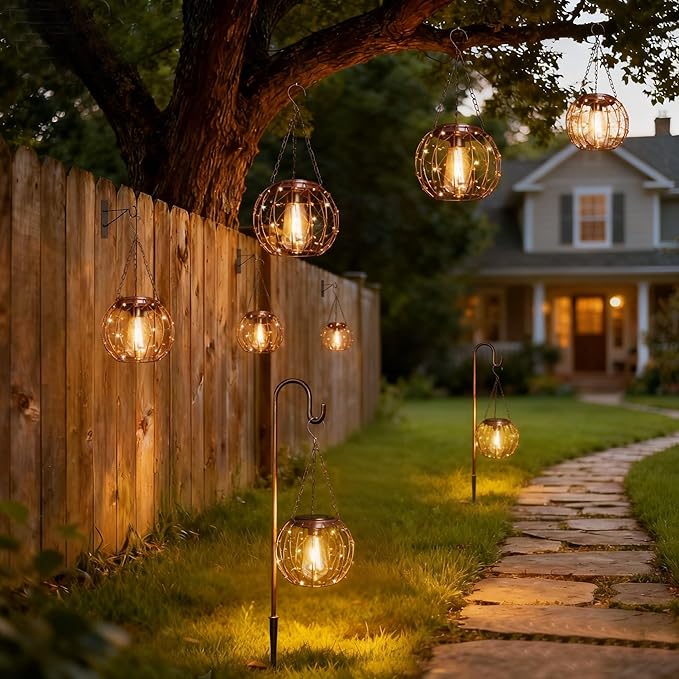 Hanging Solar Lanterns Solar Lights Outdoor Waterpoof Solar Chandelier with Warm White Led Bulb Beaded Copper Wire Ball Shade Patio Garden Decor Lights for Tree Yard Pathway Wall Eave Pergola-2Pack