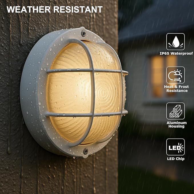 GRUENLICH 8'' Round LED Bulkhead Light Fixture Outdoor Wall Lights Dimmable Sauna &amp Exterior Lighting ETL Rated 15W 1500 Lumen 3000K Warm White White Cast Aluminum Wall/Ceiling Mount 1 Pac