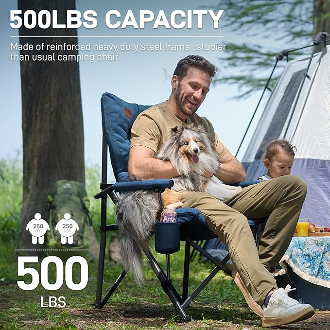 EVER ADVANCED Padded Oversized Folding Camping Chair for Adults Heavy Duty Lawn Chair with Side Pockets Portable Collapsible Quad Chair for Outside Support Up to 500lbs Blue