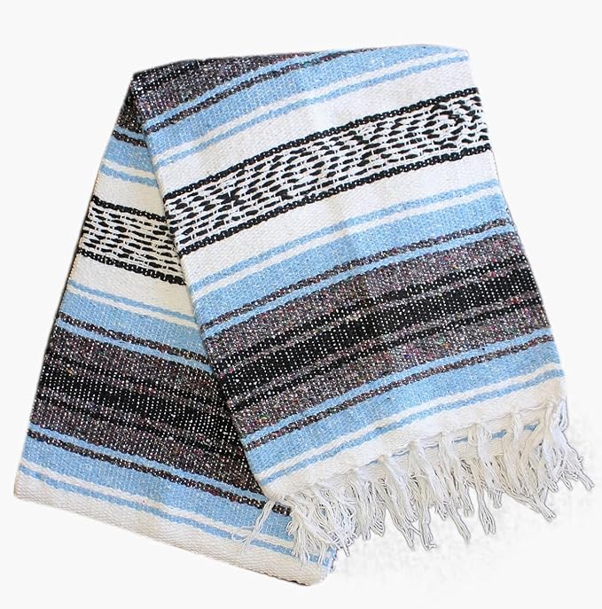 Del Mex Classic Mexican Blanket Large Authentic Woven Falsa Throw (70x50) Artisan Southwest Décor for Beach Yoga Outdoors (Light Blue)