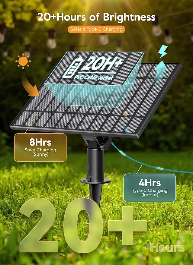 Minetom 163FT Solar String Lights Outdoor Waterproof 52 LED S14 Shatterproof Bulb Patio Lights with Remote Type-C Port Timable 3 Light Modes Dimmable Solar String Lights for Outside Yard Camping