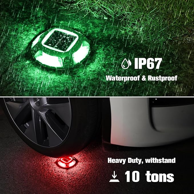 VOLISUN Christmas Solar Driveway Lights Dock Marine Lights 4 Pack2 Colors in 1Outdoor LED Deck LightsSolar Powered Waterproof Warning Step Lights for Driveway Sidewalk Pathway (Red/Green)