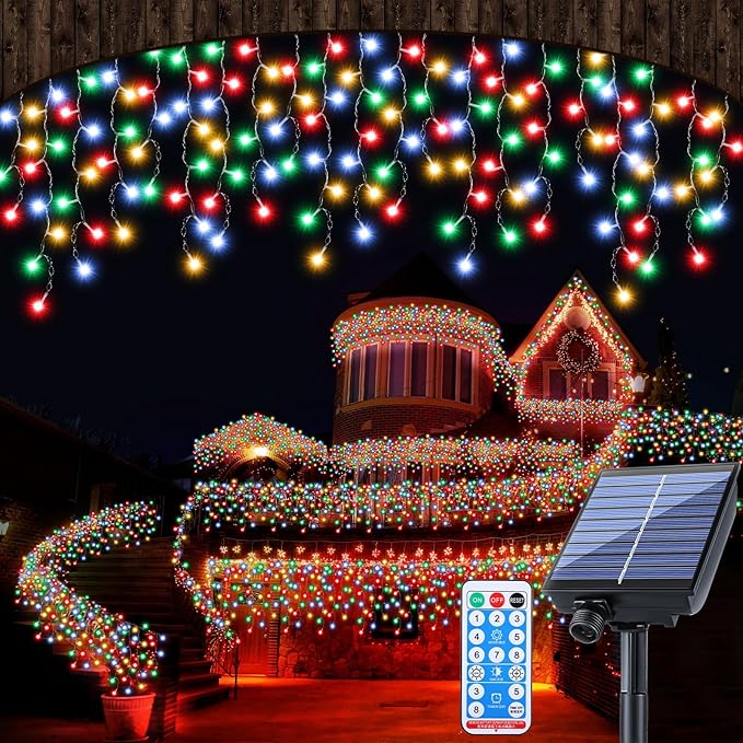 Retisee 65ft Colorful Mardi Gras Light Solar Icicle Light for Outdoor Decor Waterproof 600 LED Powered Karneval Curtain String Icicle Lights for Carnival Outside Yard Porch Garden Hang Tree Decor