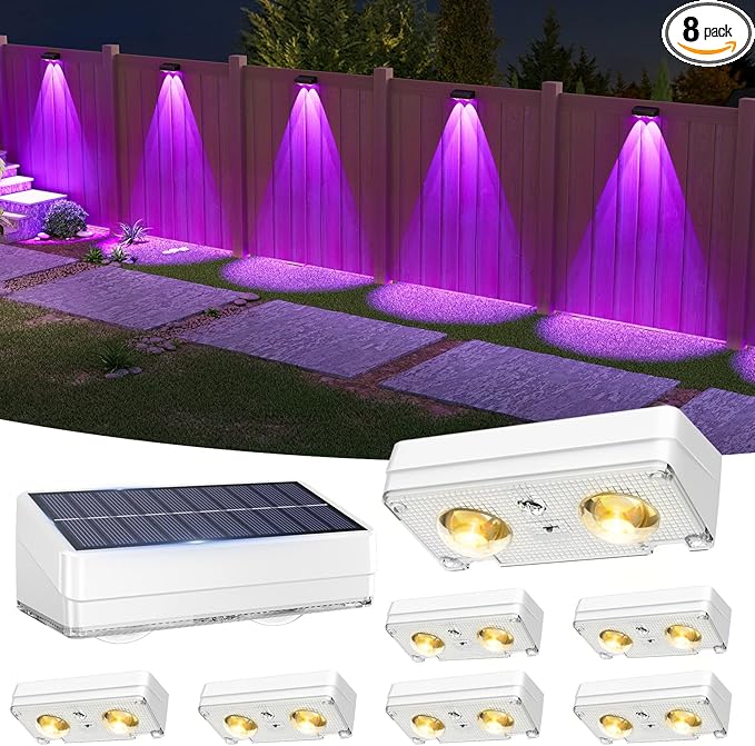 VOLISUN Solar Fence Lights Outdoor 8 Pack 10 Colors ＆ Color Changing Fence Lights Solar Powered IP65 Waterproof Solar Lights for Fence Garden Patio Backyard Railing Deck Wall Pool（White）