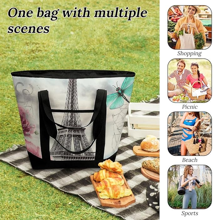Insulated Shopping BagLarge Reusable Cooler Bags Dragonfly French Tower Printed Foldable Shopping BagTravel Waterproof Shoulder Bag