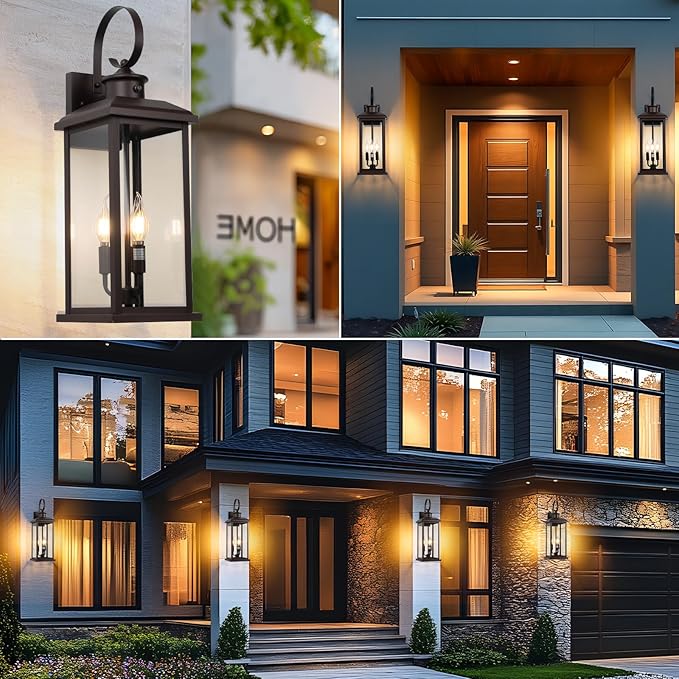24 Dusk to Dawn Outdoor Wall Sconce: Bronze Large Porch Light 3-Light Waterproof Modern Exterior Lighting Fixture Wall Mounted Outside Lamp for House Garage E12