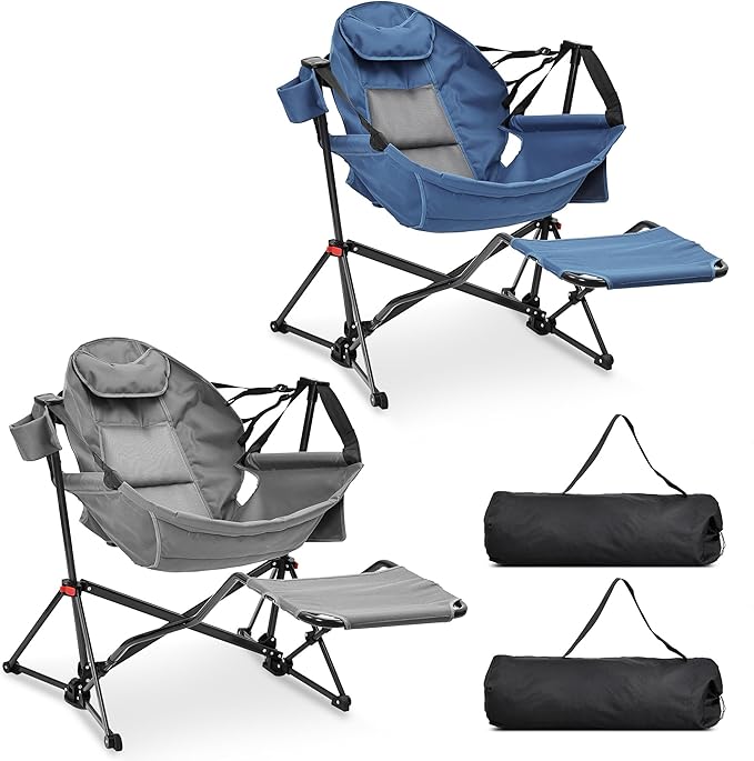 Ainfox Hammock Camping Chair with Footrest Heavy Duty Foldable Portable Rocking Hammock Chairs Outside Swinging Camp with Cup Holder Pillow for Outdoor Patio Poolside Grey Dark Blue
