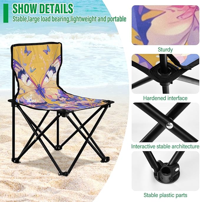 Butterfly Purple Portable Camping Chairs Folding Chair - Durable Oxford Fabric Lightweight Iron Frame Easy Fold Design - Ideal for Outdoor Activities Camping Fishing and Travel