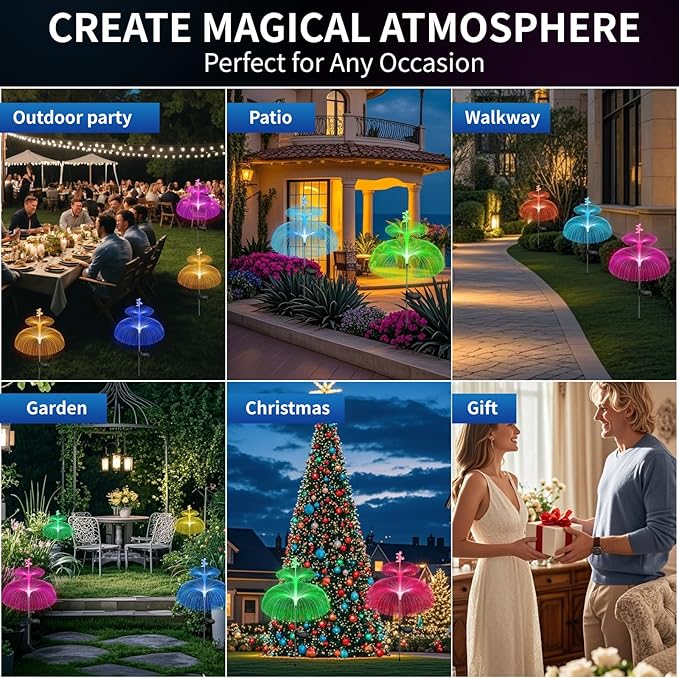 Solar Garden Lights Outdoor Solar Lights 7 Color Changing Jellyfish &amp Star Waterproof Solar Flower Lights for Garden Decor Yard Patio Lawn Pool Party Wedding Gifts for Women/Mothers - 6 Pac