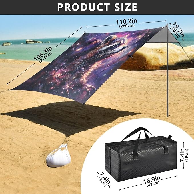 ALAZA Raccoon Nebula Galaxy Beach Tent Sun Shelter UPF50+ Protection Beach Shade Canopy w/ 4 Sandbags for Outdoor Camping Fishing Backyard Fun Picnic 10x9 ft
