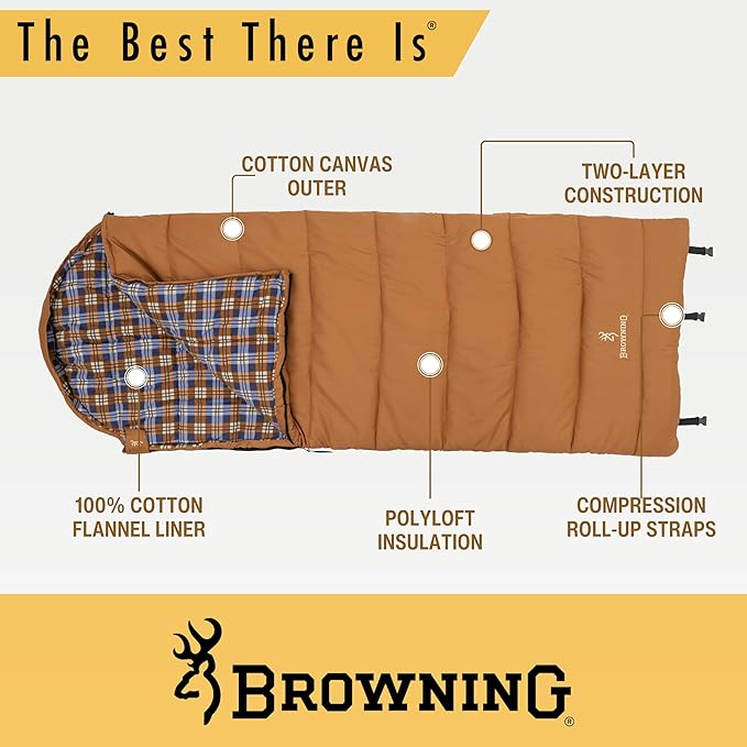 Browning Camping Enterprise 0° Degree Sleeping Bag – Hooded Rectangular Cold Weather Canvas Sleeping Bag with Flannel Liner PolyLoft Insulation &amp Roll-Up Straps for Winter Camping