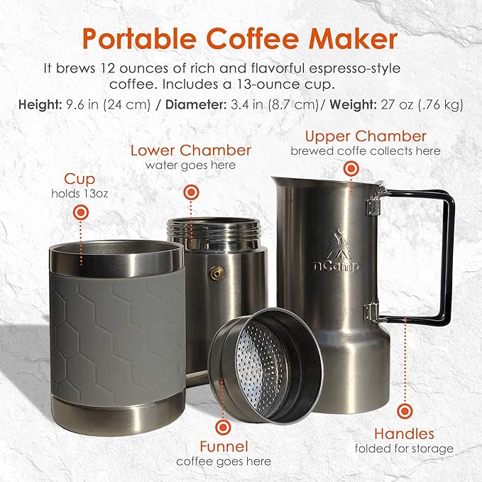 nCamp Kitchen to Go 5 Piece Bundle Portable Compact Multi-Fuel Burning Camping Stove ISO Propane Adapter Elevated Bamboo Cutting Board Prep Surface Cafe Coffee Maker Carrying Bag For Camping