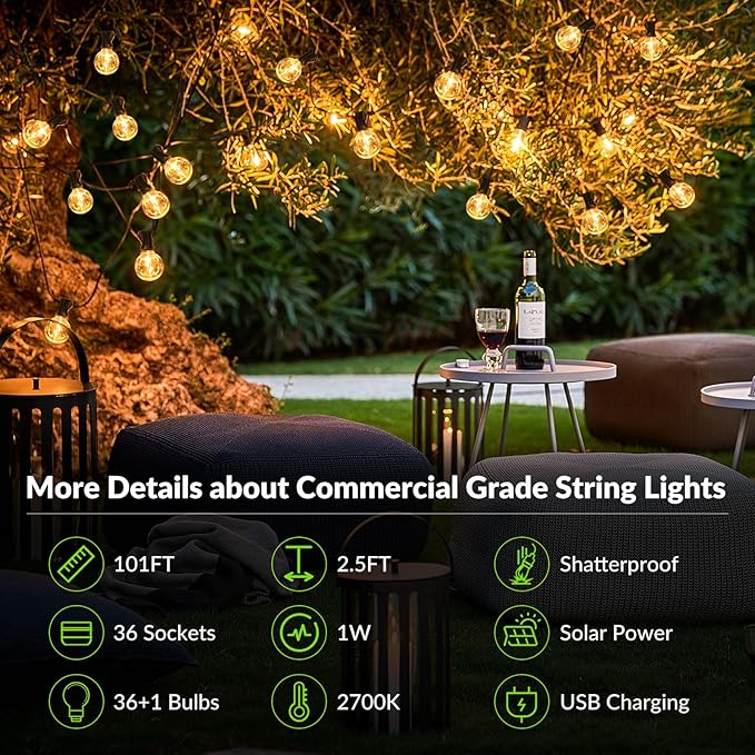 Lakumu 200FT（100FT*2） G40 Solar String Lights Globe Outdoor String Lights with 72 E12 Waterproof LED Bulbs 2700K Shatterproof Patio Lights Solar Powered Hanging Lights
