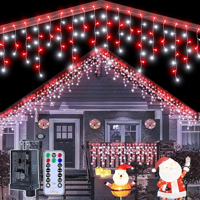 Ollny Icicle Lights for Outside 504LED 41FT Red and White Christmas Light with Remote 8Modes Timers Waterproof Plug in Connectable Hanging Lights for Outdoor Indoor House Roof Holiday
