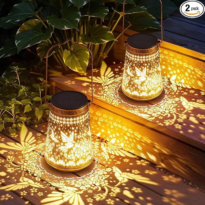 2 Pack Solar Lanterns Outdoor Waterproof Birthday Gifts for Women Mom Grandma Hollowed-Out Metal Hummingbird Hanging Solar Lantern Lights Outdoor Decor 2 Modes Lights Decor for Yard Patio
