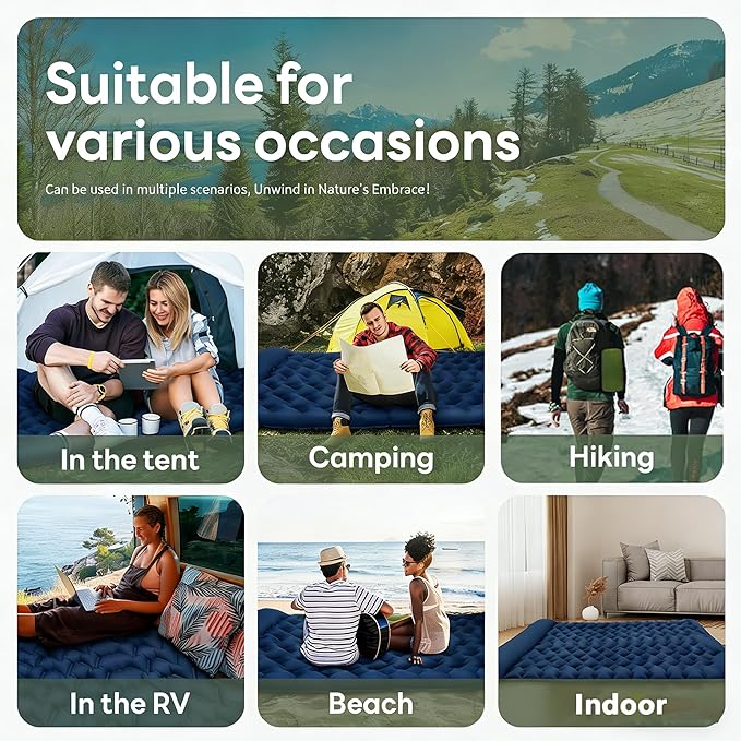 SNZ Camping Sleeping Pad Ultralight Camping Mat with Pillow Built-in Foot Pump Inflatable Sleeping Pads Compact for Backpacking Tent Travel Outdoor Activities (Double)