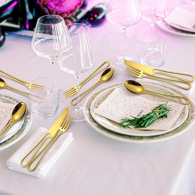 Gold Silverware Hollow 20 Piece Flatware Set For 4 Kitchen Cutlery Stainless Steel Forks Spoons and Knives Unique Utensils Party Festival Restaurant Durable