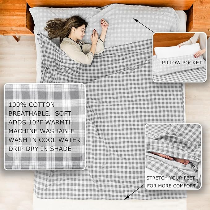 100% Cotton Sleeping Bag Liner with Full Length Zipper on 3 Sides Single/Double Adult Sleep Sack for Travel &amp Camping Multifunctional Travel Sheets (Unzipped 87”x87”) for Hotel Lightweight