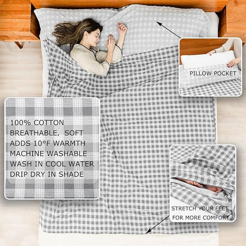 100% Cotton Sleeping Bag Liner with Full Length Zipper on 3 Sides Single/Double Adult Sleep Sack for Travel &amp Camping Multifunctional Travel Sheets (Unzipped 87”x87”) for Hotel Lightweight