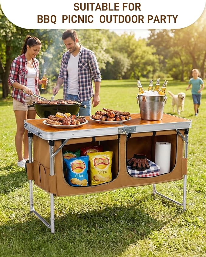 Outvita Folding Table 4FT Aluminum Camping Table with Large Storage Space and Adjustable Height Picnic Table Lightweight for Carring Outdoor Party Events Beach