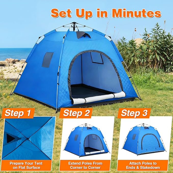 Pop-up Camping Tent Winter Insulated Tent Windproof and Snowproof 4 Season Tents for Camping Ice Fishing Parties Adventure and Hiking Portable 4-6 Person TentBlue