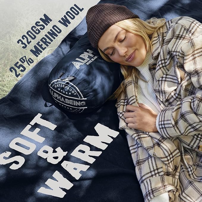 AlphaBeing Waterproof Outdoor Blanket with Merino Wool Extra Thick Warm Windproof Packable Stadium Blankets for Cold Weather Camping Gift Pet Car Picnic Concerts 79 x 59 Navy
