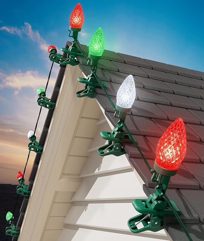 C9 LED Christmas Lights Outdoor 99 Feet 150 LED C9 String Light with 150 Spring Clips Waterproof Connectable Christmas Tree Lights for Outside Roofline Patio Home Xmas Decor Red Green Pure White