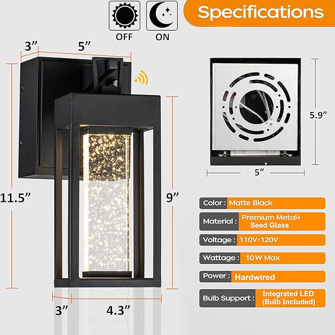 ALOADECOR 1 Light LED Modern Matte Black Dusk to Dawn Sensor Outdoor Wall Lantern Coach Sconces with Seed Glass and Built-in 2 GFCI Outlets Exterior Wall Mount Light for Garden Patio Front Door