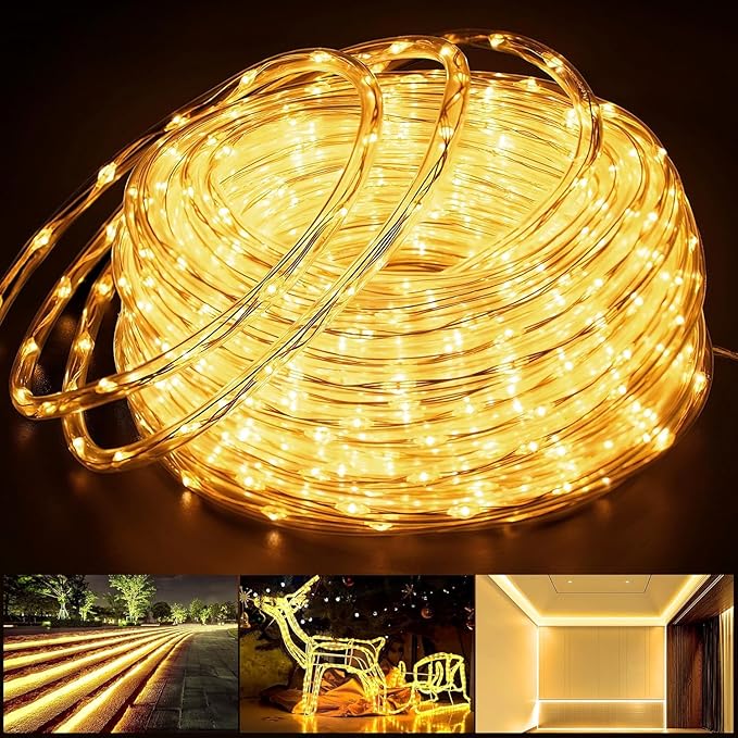 Connectable Outdoor Rope Lights 50ft 600 LED Warm White Strip Light Plug in for Indoor with Waterproof 8 Modes Outdoor String Lights for Camping Garden Backyard Patio Deck Pool Tree Décor