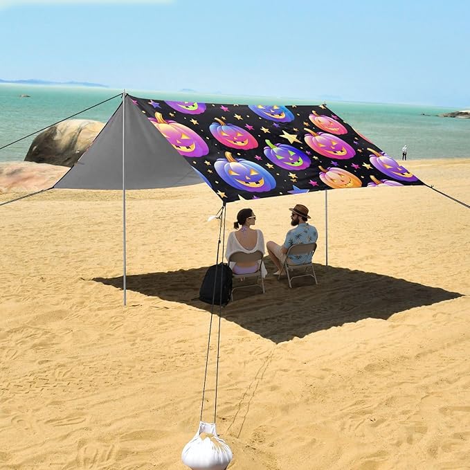 ALAZA Halloween Rainbow Pumpkin Cute Beach Tent Sun Shelter UPF50+ Protection Beach Shade Canopy w/ 4 Sandbags for Outdoor Camping Fishing Backyard Fun Picnic 10x9 ft