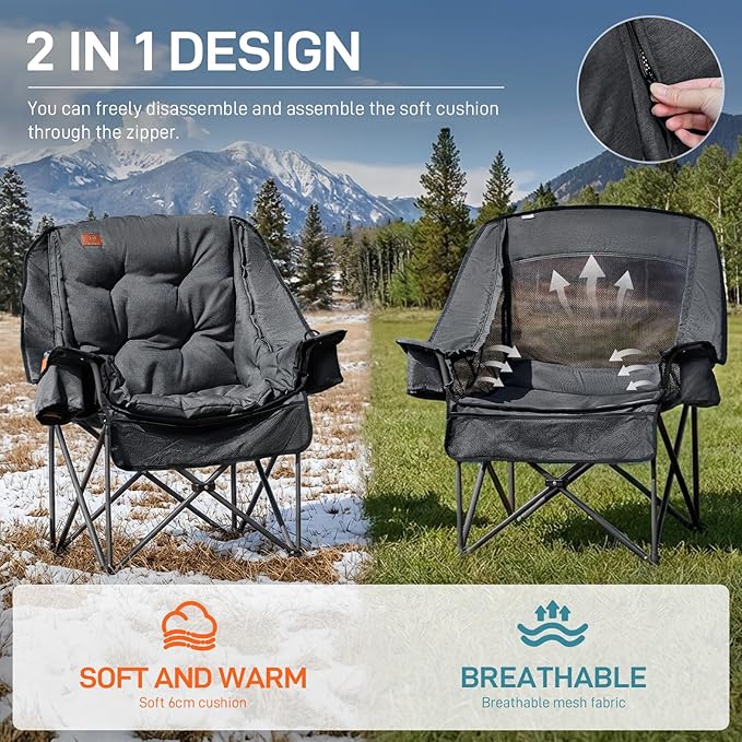 EVER ADVANCED 2 Set Camping Chair with Detachable Cushion Mesh Chair for Adults Foldable Oversized Heavy Duty Folding Chair with Cooler Mesh Pocket Cupholder Outdoor Fishing Supports 400LBS Black