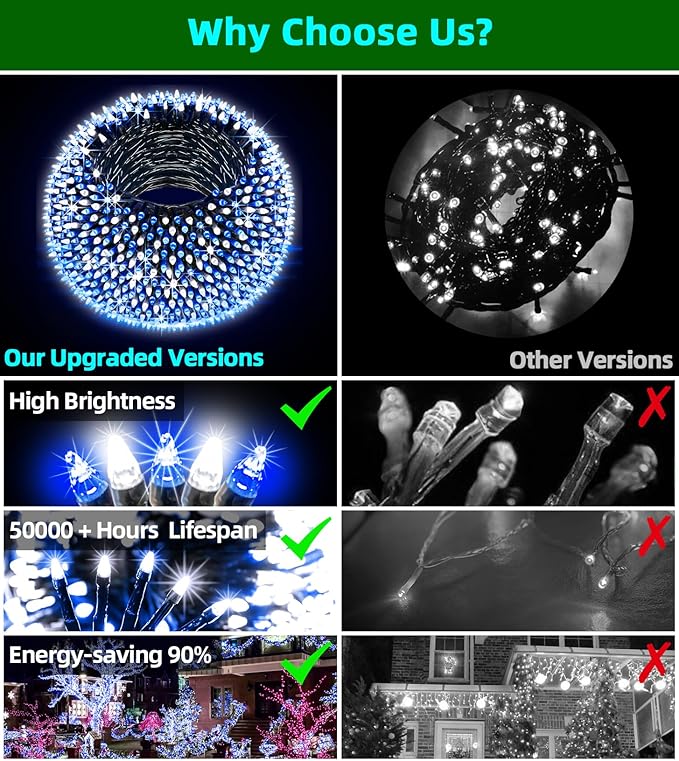 750 LED 240FT Christmas Lights Outdoor12 Lighting Modes Christmas String Lights with Timer Dimmable Blue Cool White LED StringLights Waterproof for Yard Wedding Party Holiday Decor Blue&ampCoolWhit