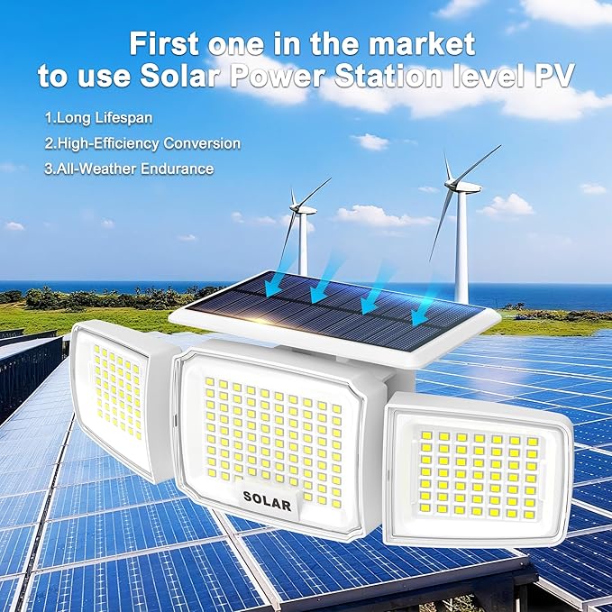 White Solar Security Light Outdoor Super Bright LED Motion Sensor Solar Flood Light 3 Heads 270° Wide AngleRemote Control IP65 Waterproof 3 Modes (3 Packs)