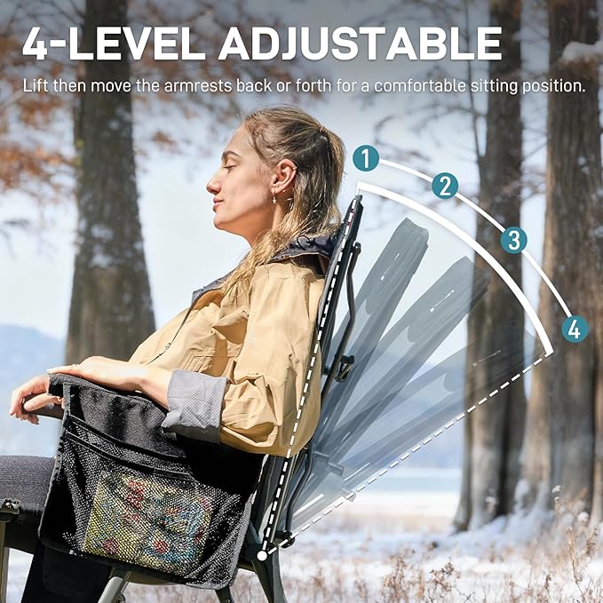 EVER ADVANCED Heated Reclining Camping Chairs for Adult Lightweight Portable Compact Folding Chair with Adjustable Back Portable Lawn Chair for Patio Balcony Supports 350lbs Black