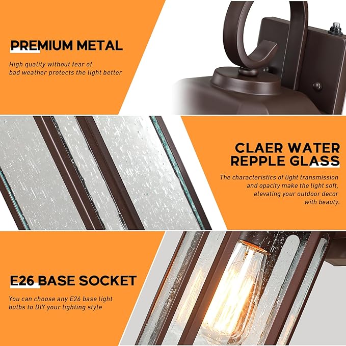 16.8'' Large Dusk to Dawn Outdoor Wall Lights Brown Exterior Lighting Fixtures Wall Sconce with Seeded Glass Waterproof Front Porch Light Outside Lantern for House Patio Garage 1Pack