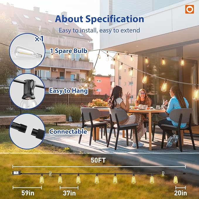addlon 50FT LED Outdoor String Lights with Remote Waterproof Patio Lights with 16 Shatterproof ST38 Replaceable Bulbs(1 Spare) Dimmable Outside Hanging Light Connectable for Porch Backyard