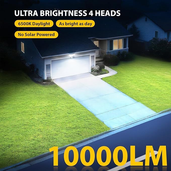 90W 10000LM LED Security Lights Motion Sensor Outdoor Lights 4 Head Dusk to Dawn 6500K Daylight Flood Lights Outdoor Motion Sensor IP65 Waterproof Motion Light for Outside Garage Yard Porch