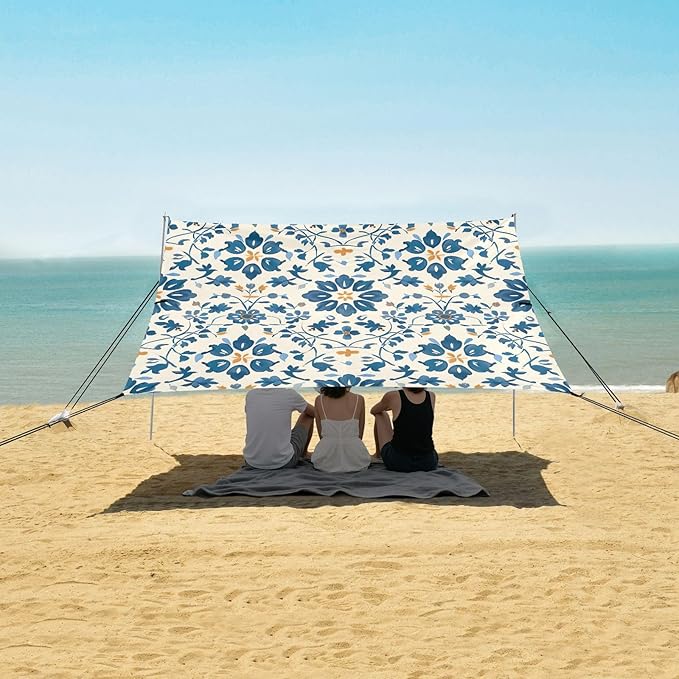 Traditional Floral Pattern Beach Tent Sun Shelter 9.2' x 10.5' Beach Canopy with 4 Sandbags 4 Stability Poles Sand Shovels - Tent Canopy for Beach Camping Fishing Picnics