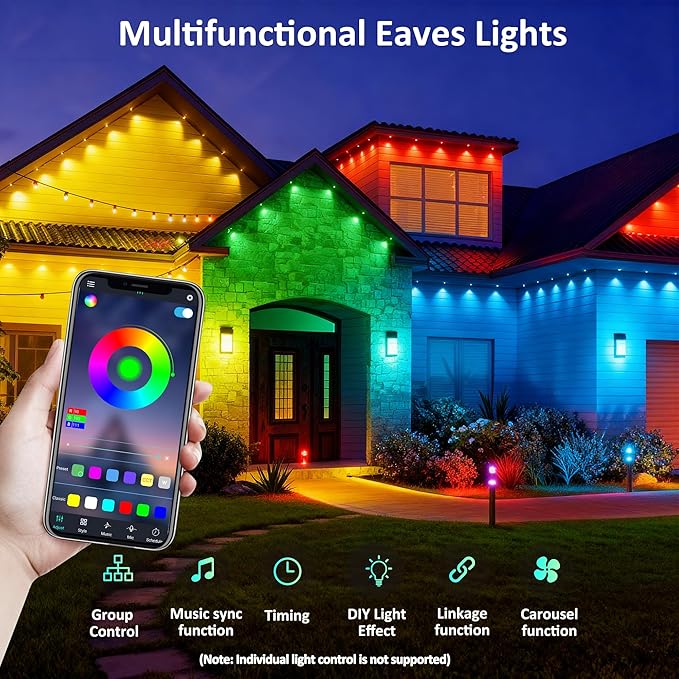 RGB Permanent Outdoor Lights 300FT Smart LED Eaves Lights with APP &amp Remote Control IP67 Waterproof Outdoor String Lights for Christmas HalloweenParty Garden Patio House Decor(2 Rolls of 15