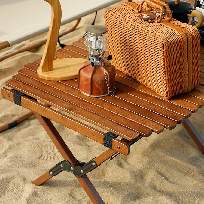 Folding Camping Table Beech Wood Portable Lightweight Roll-up Picnic Table with Carrying Bag for Outdoor Backyards BBQ Beach Party Patio(Walnut Rounded Edges &amp Big)