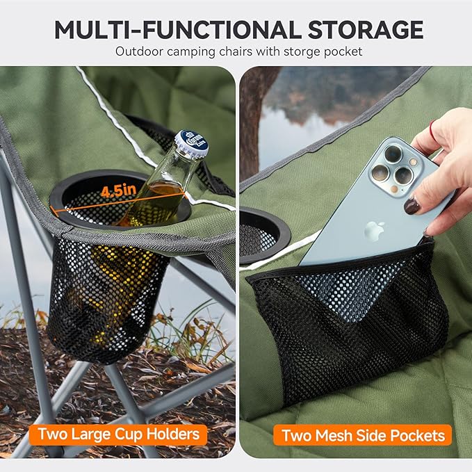 Oversized Camping Chair Portable Folding Padded Camping Chairs with Cup Holder and Carry Bag Heavy Duty Outdoor Camping Chairs for Adults Up to 400Lb for Fishing Sports (Green-2 Pack)
