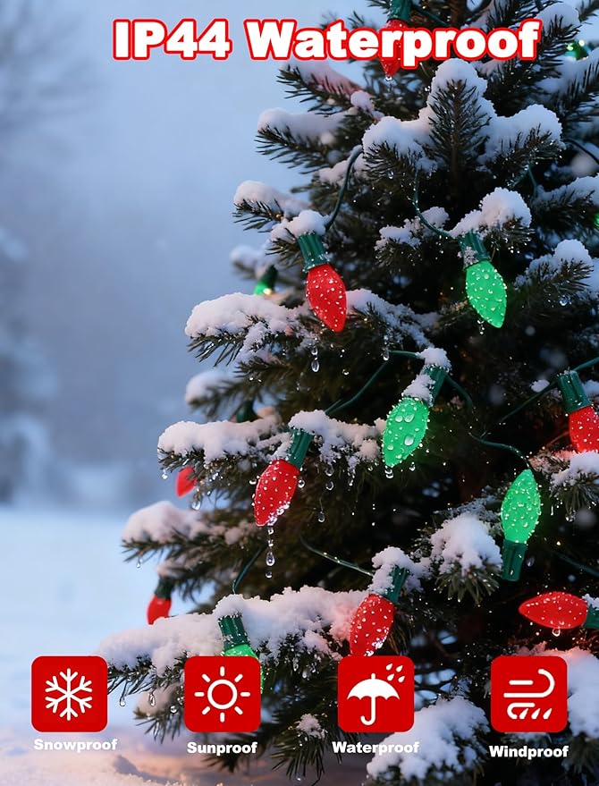 C7 Outdoor Christmas Lights - 25ft Red and Green Christmas Lights with 27 Ceramic Bulbs(2 Spare) Waterproof Extendable Christmas Tree Lights for Indoor Party Backyard Xmas LightGreen Wire