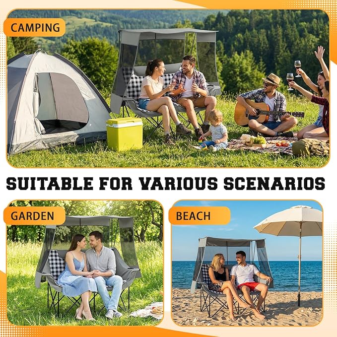 Double Camping Chair with Canopy Shade 660lbs Heavy Duty Beach Chair Portable Folding 2 Person Camping Loveseat with Cup Holder and Storage Bag for Lawn Beach Outdoor Sport(Grey Plaid)